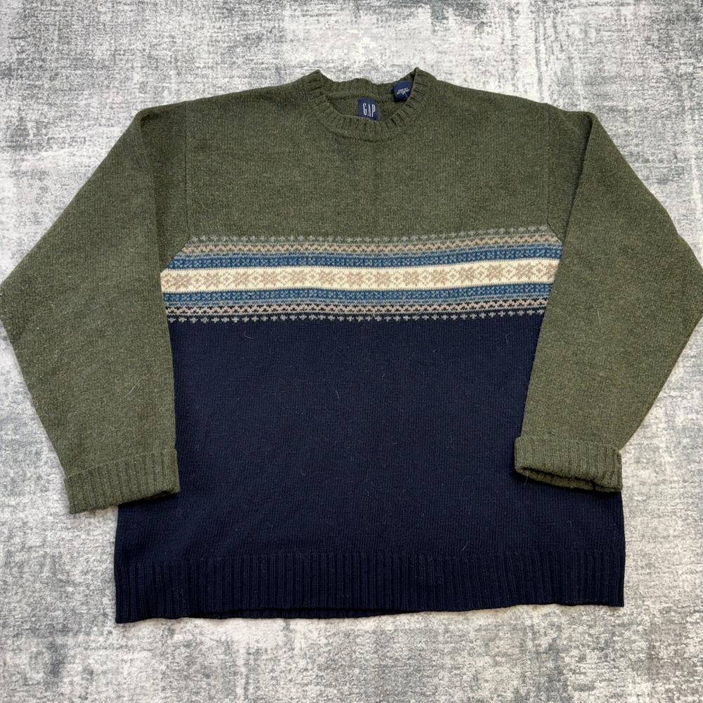 VTG GAP Sweater Mens 2XL Green Navy Blue Fair Isle Lambswool Knit Crewneck 90s